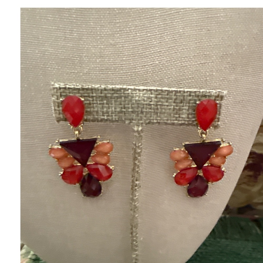 M. Haskell Red Burgundy Peach Geometric Resin Statement Drop Earrings Gold Tone